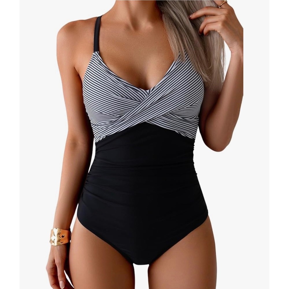 B2PRITY‎ Womens One Piece Swimsuit Black White Striped Tummy Control Size Medium